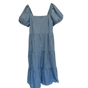 J.Crew Tiered Midi Dress with Puff Sleeves Blue Stripe size 12